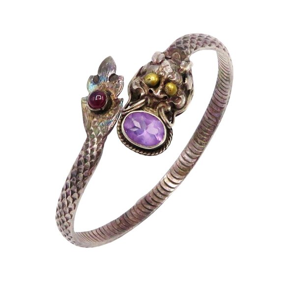 Vintage Sterling Silver Amethyst Snake Serpent Dragon Bangle/Cuff Style Bracelet - Picture 1 of 11